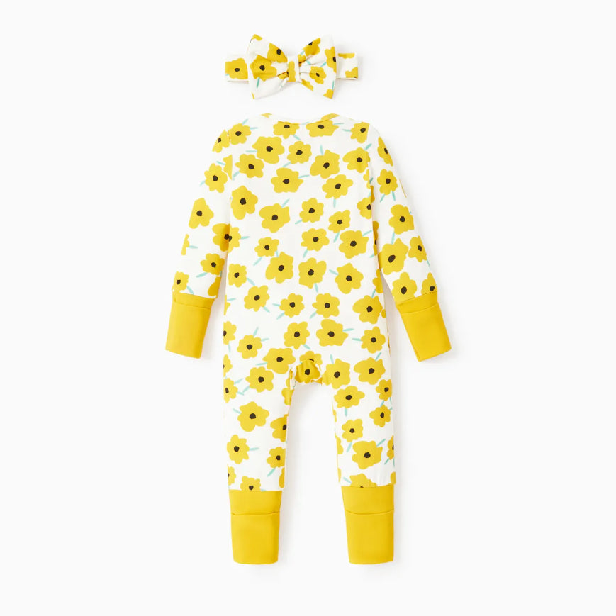 2PCS Lovely Floral Printed Zipper Bamboo Viscose Baby Jumpsuit