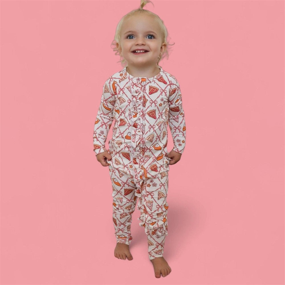 2PCS Cute Pie Slices Bow Print Long Sleeve Baby Jumpsuit