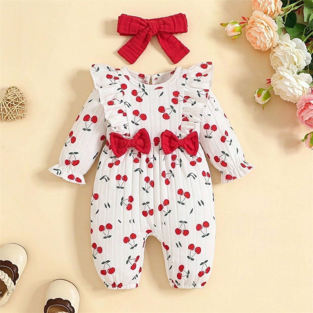 2PCS Timeless Cherry Print Long Sleeve Baby Jumpsuit