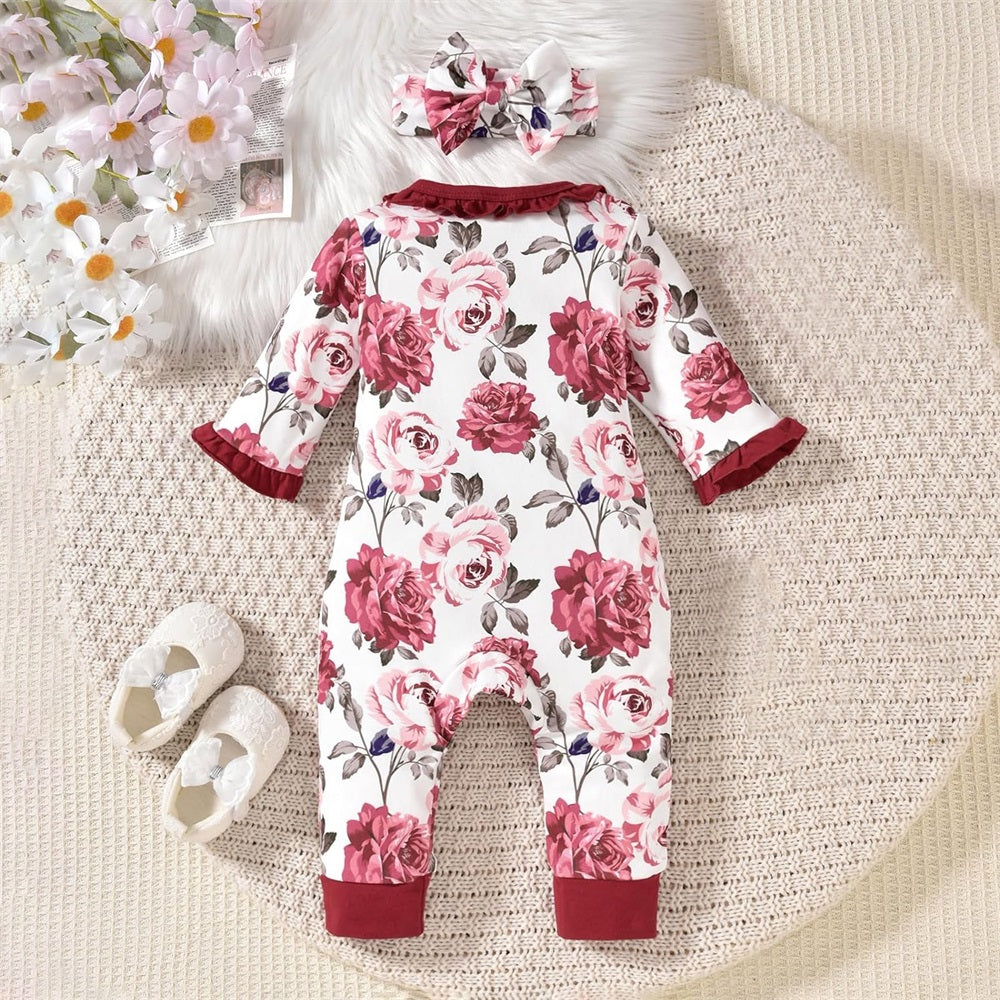 2PCS Trendy Floral Print Frill Long Sleeve Baby Jumpsuit