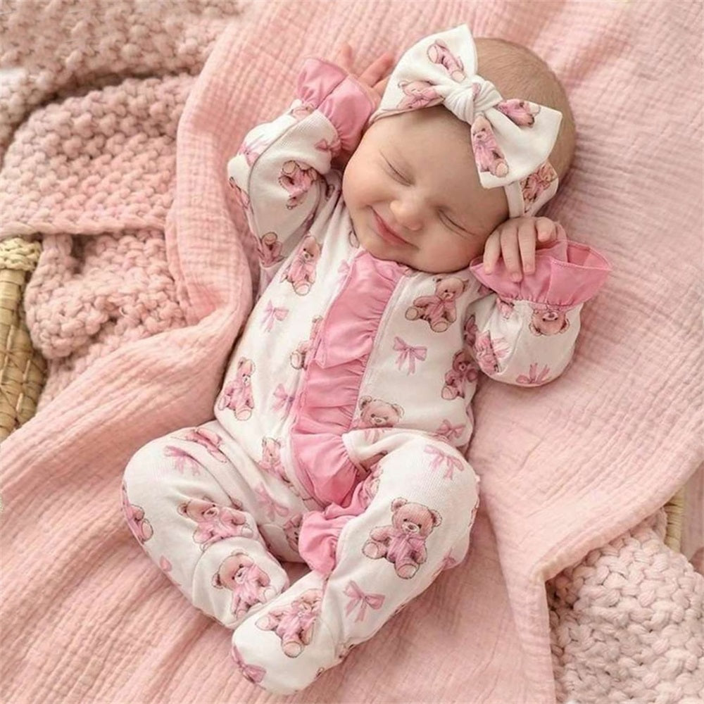 2PCS Cute Bear Printed Long Sleeve Frill Trim Zip Baby Jumpsuit