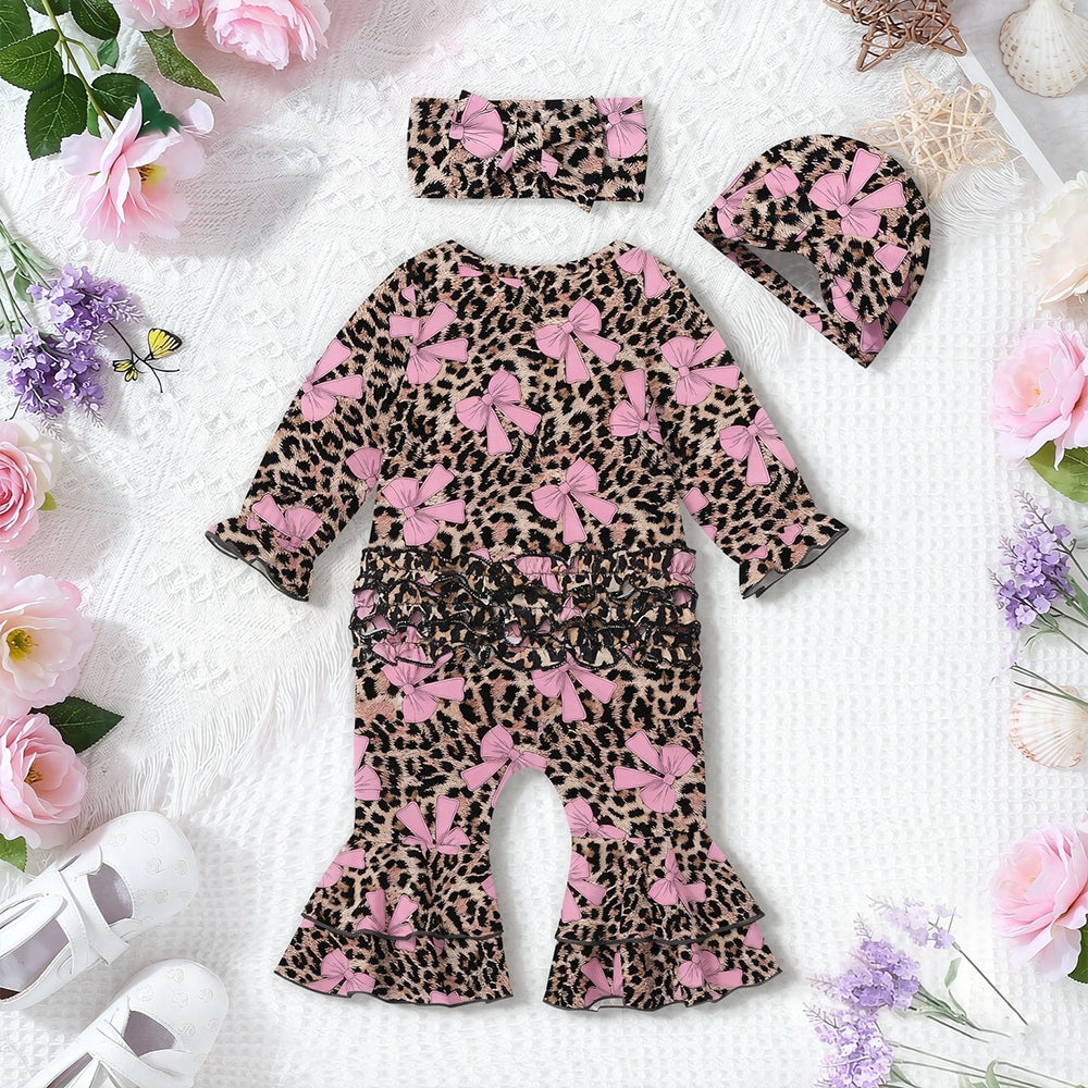 3PCS Chic Bow Leopard Print Long Sleeve Baby Girl Jumpsuit