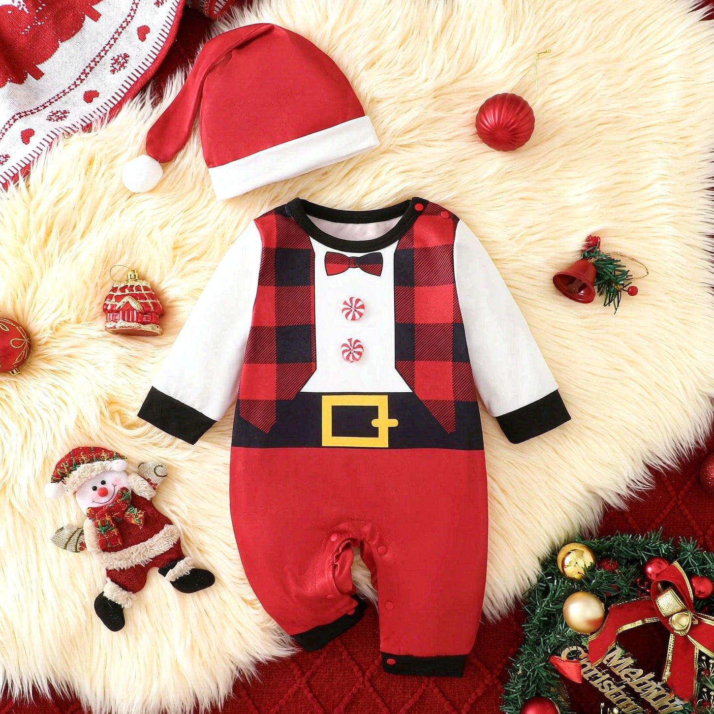 2PCS Christmas Plaid Printed Long Sleeve Baby Jumpsuit