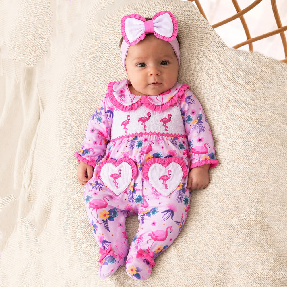 2PCS Elegant Flamingo Print Long Sleeve Baby Jumpsuit