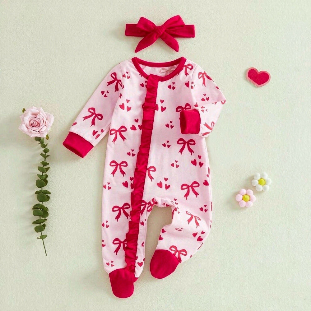 2PCS Lovely Christmas Bow Heart Printed Zipper Baby Jumpsuit