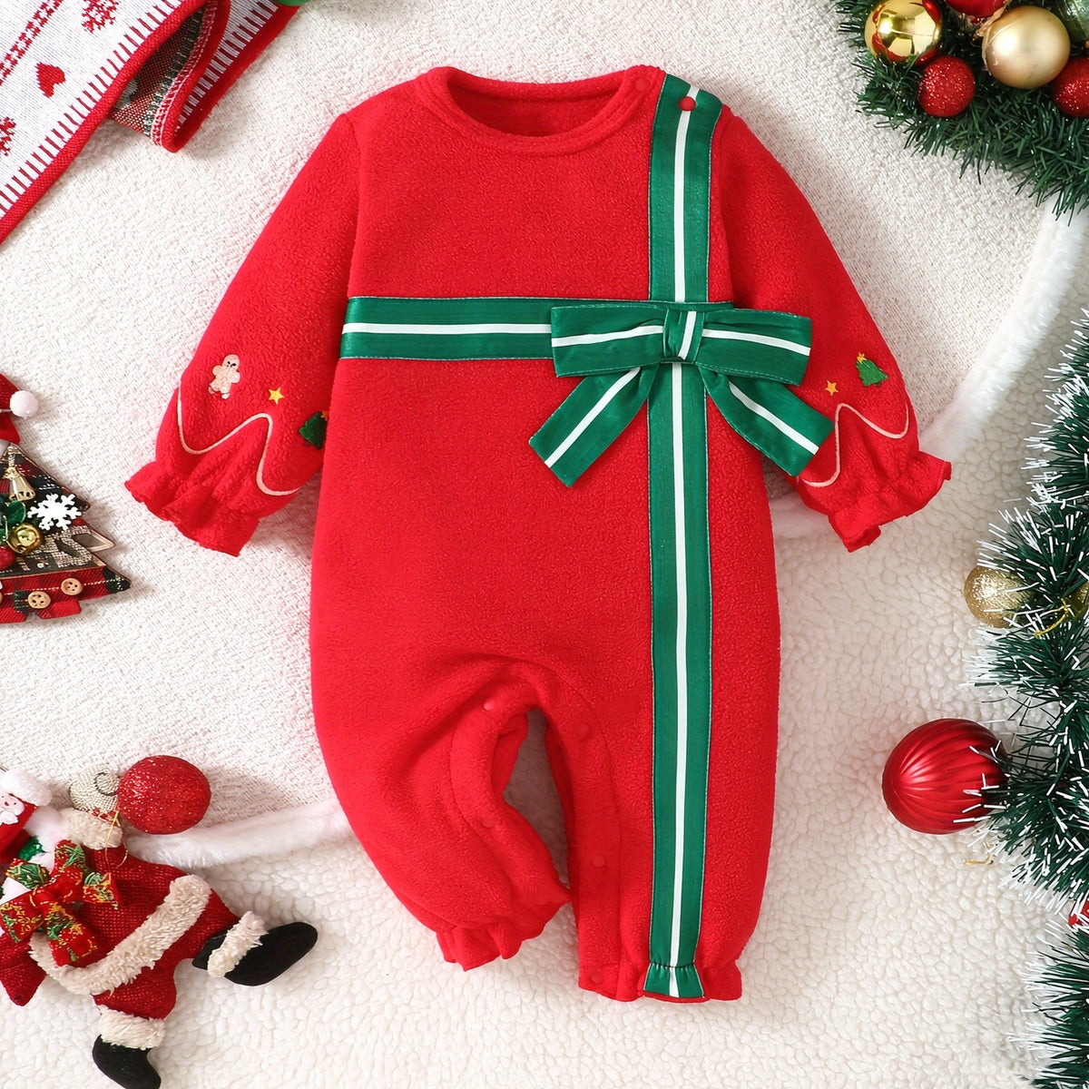 Color Block Holiday Print Fleece Long Sleeve Baby Jumpsuit