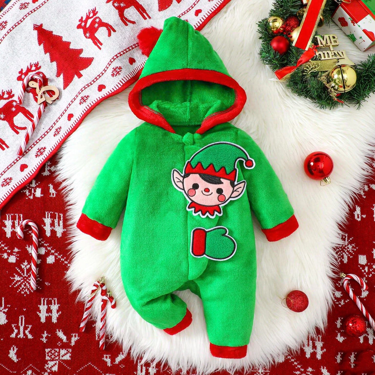 Christmas Elf Printed Zipper Long Sleeve Hoodie Fuzzy Baby Jumpsuit
