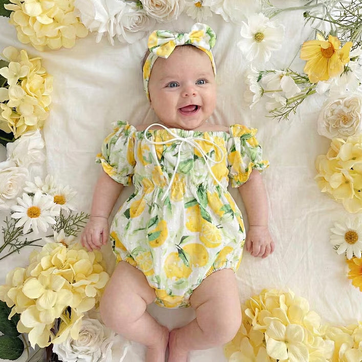 2PCS Lovely Lemon Print Short Sleeve Baby Romper