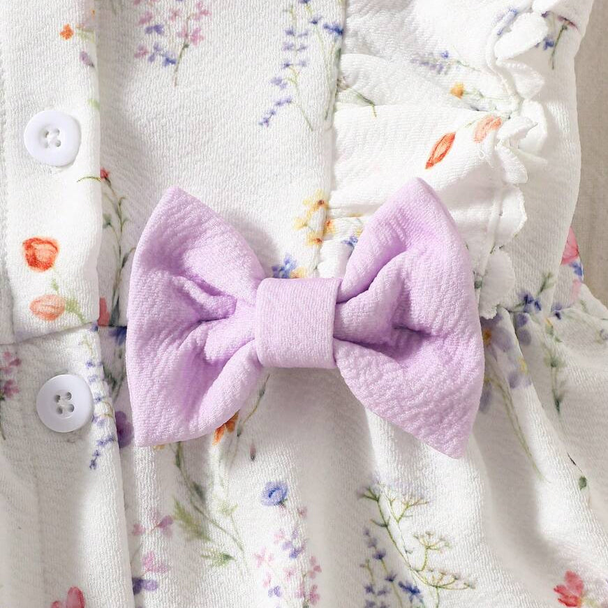 2PCS Floral Print Bow Flutter Sleeve Baby Jumpsuit