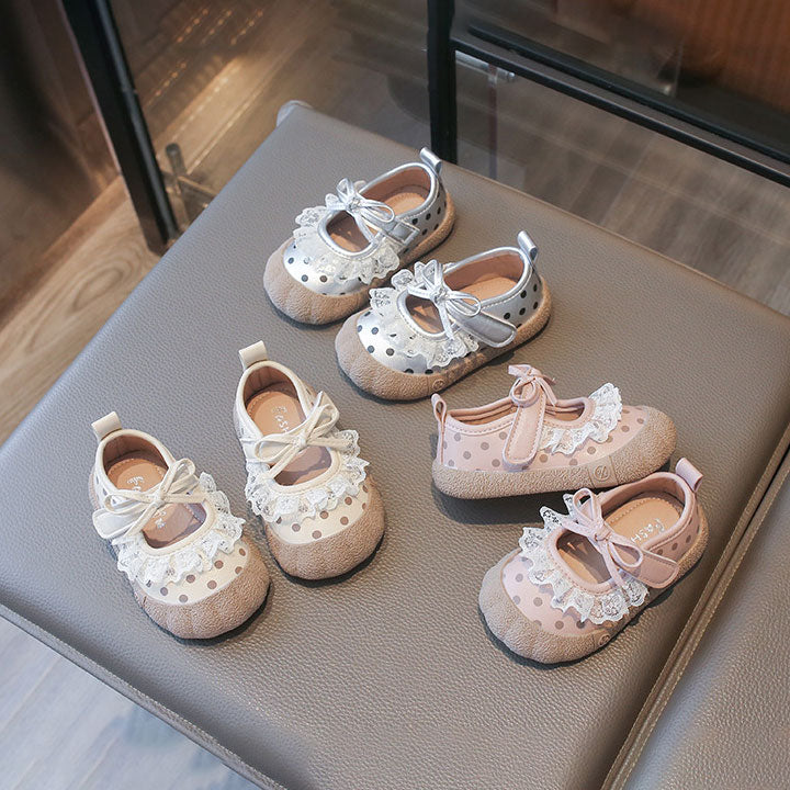 Sweet Lace Bow Polka Dot Hook And Loop Baby Shoes