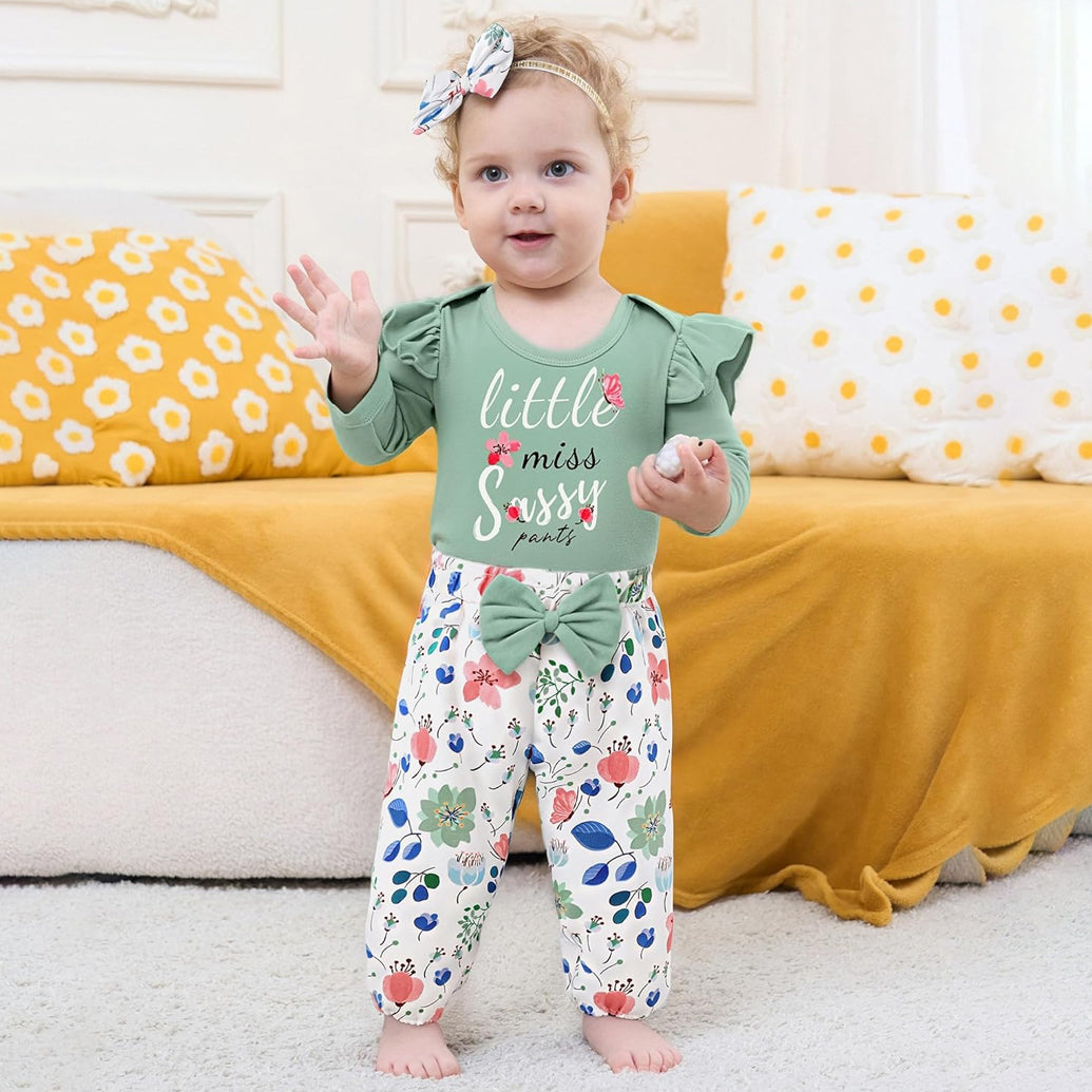 3PCS Little Miss Sassy Pants Letter Floral Printed Baby Girl Set