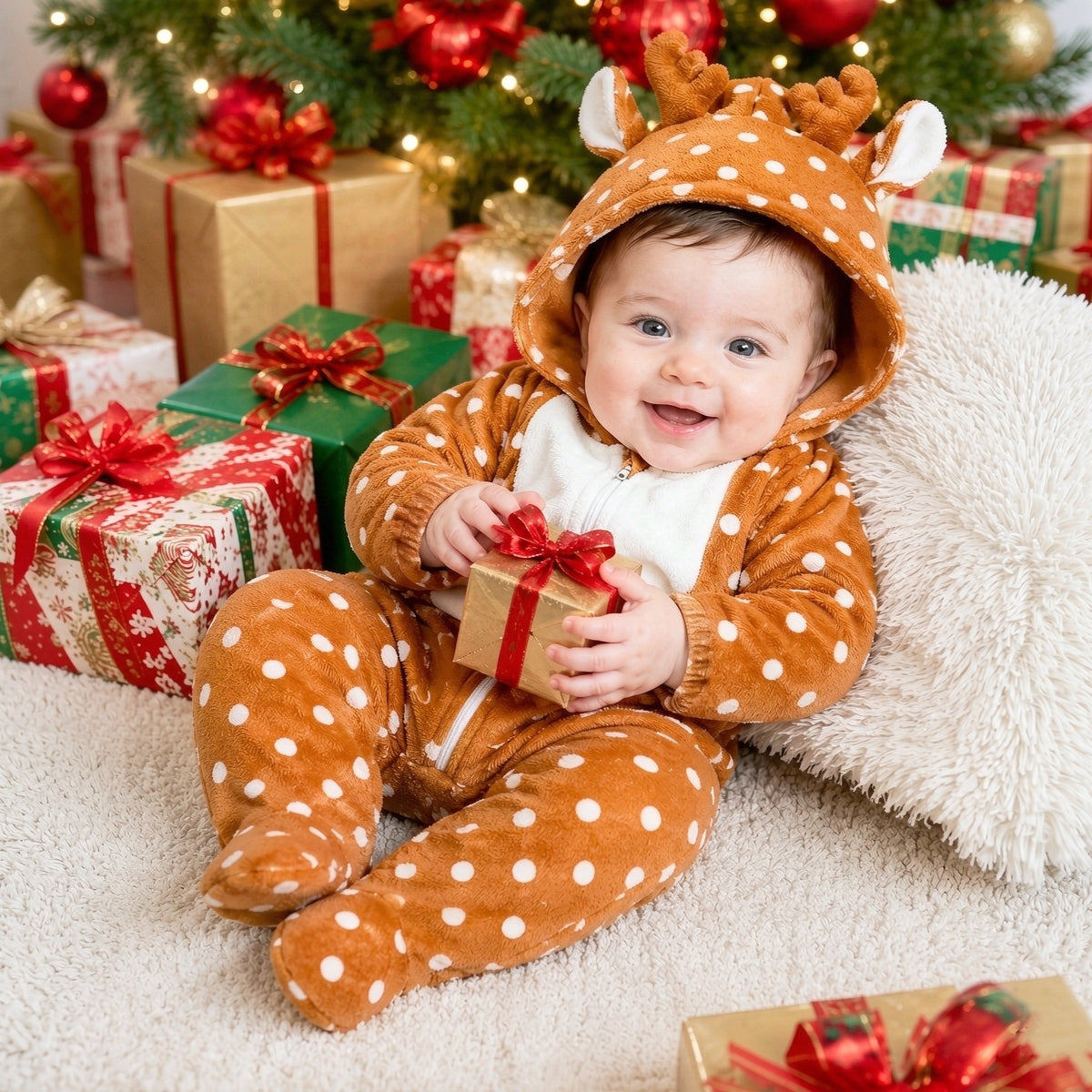 Polka Dots Deer Ears Long Sleeve Zipper Hooded Plush Baby Jumpsuit
