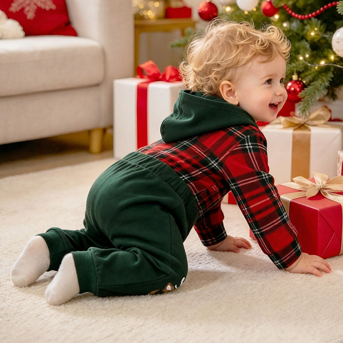 2PCS Baby Boy Embroidered Reindeer Plaid Print Hoodie Set