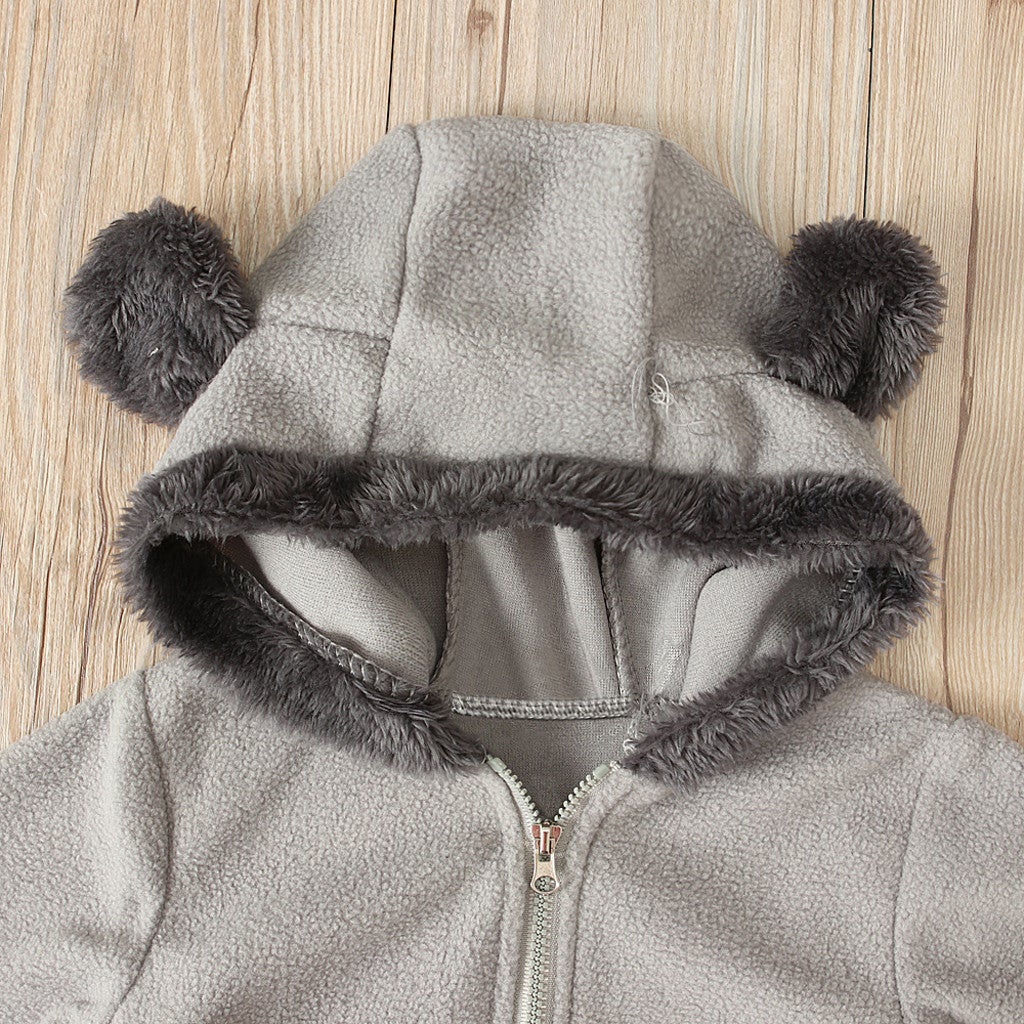 Newborn Baby Boy Girl Solid Color Cartoon 3D Bear Ear Long Sleeve Velvet Hoodie Jumpsuit