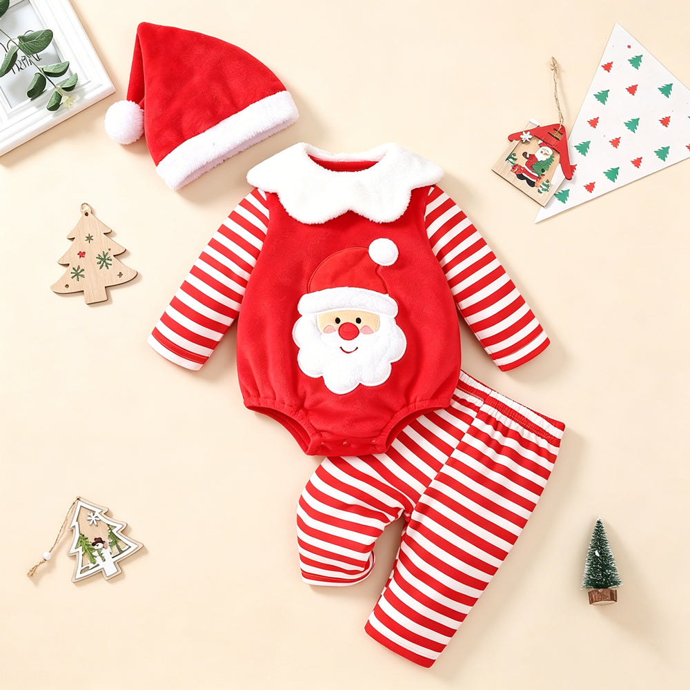 4PCS Lovely Santa Applique Stripe Print Long Sleeve Plush Baby Set
