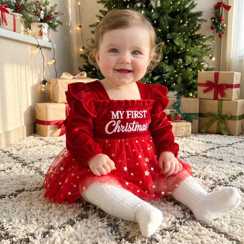 My First Christmas Letter Embroidery Star Printed Velvet Baby Romper