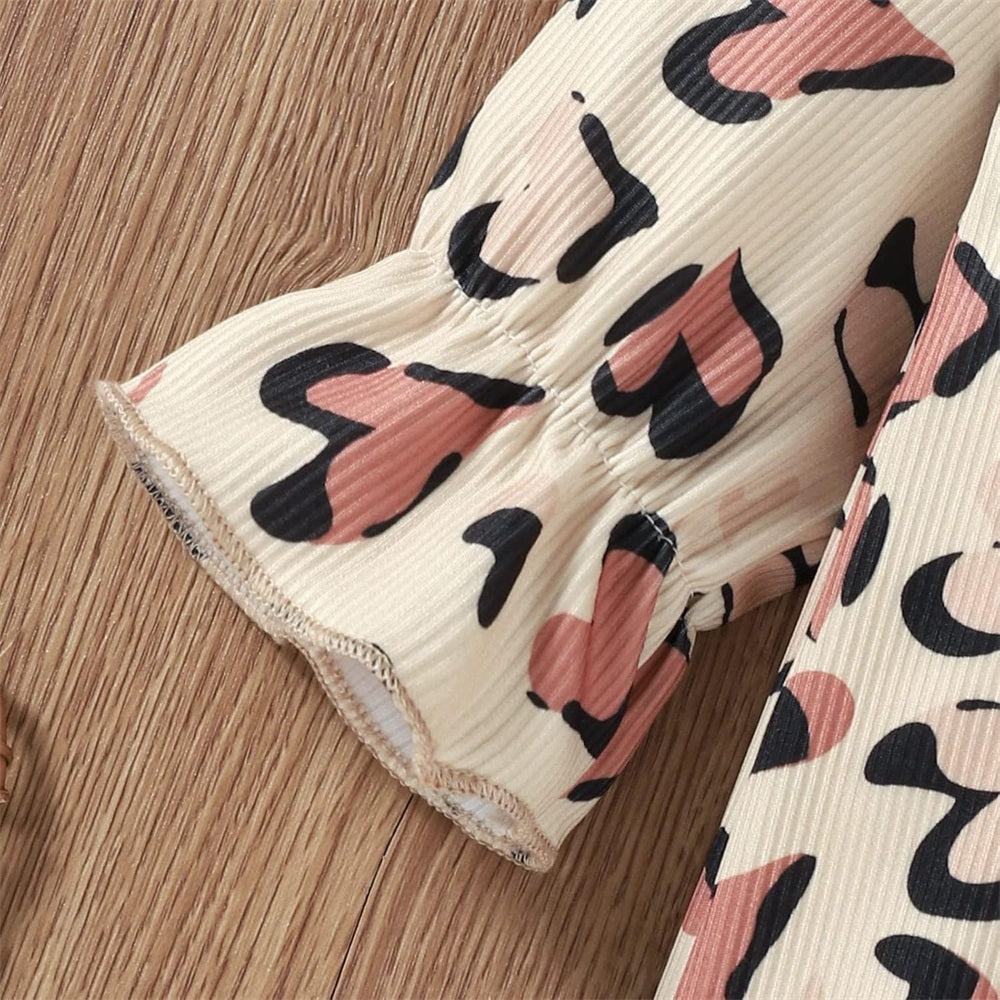 2PCS Heart Leopard Print Long Sleeve Baby Jumpsuit