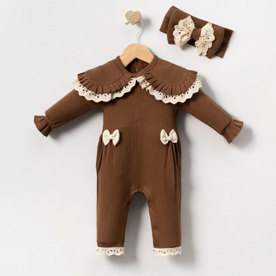 2PCS Lovely Solid Color Lace Bowknot Decor Baby Jumpsuit