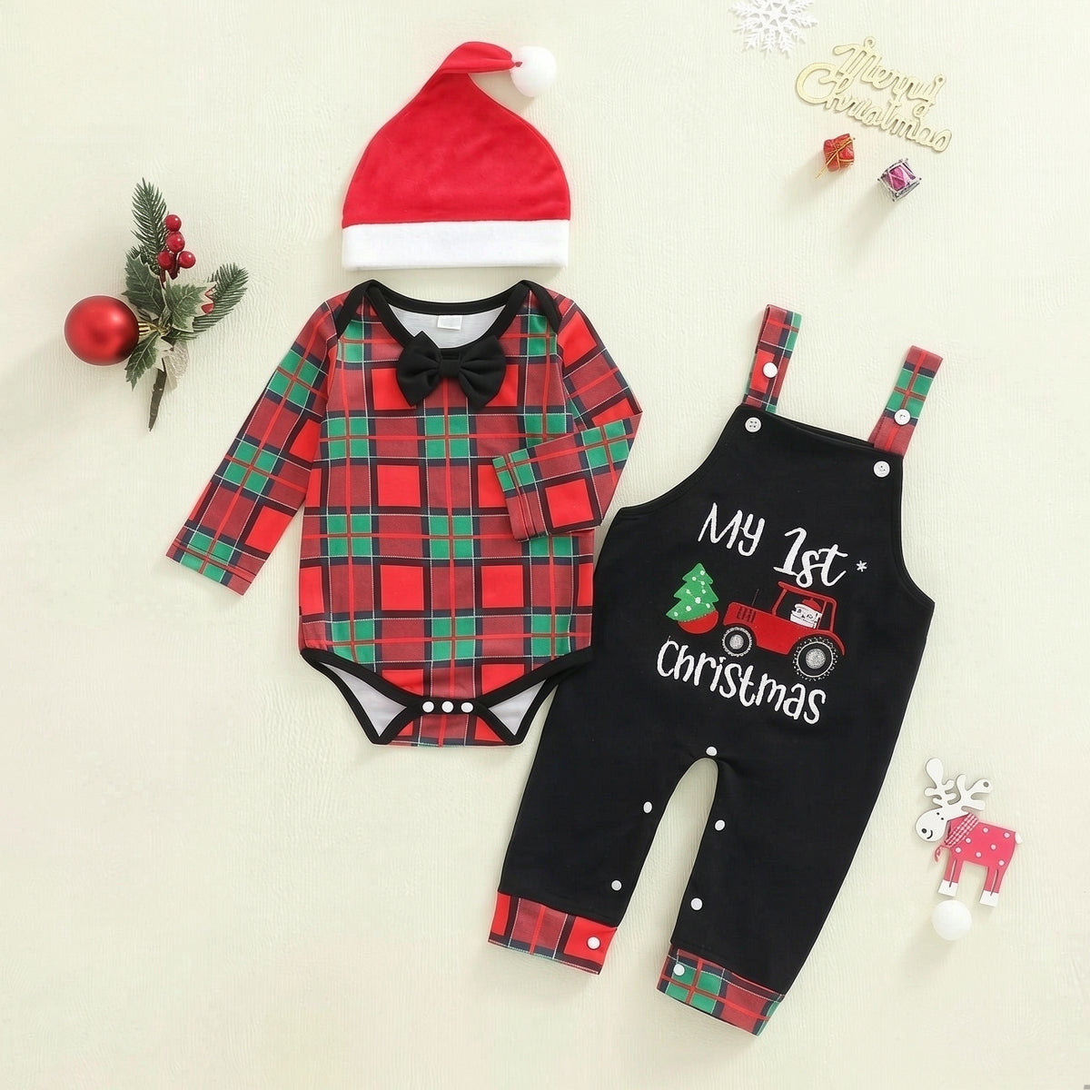 3PCS Letter Embroidered Santa Plaid Print Baby Boy Overalls Set