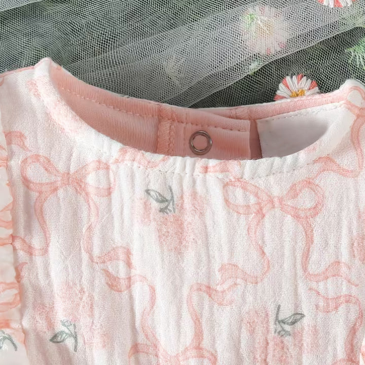 2PCS Quirky Bow Floral Printed Sleeveless Baby Romper