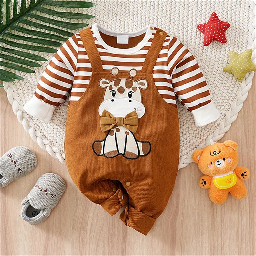 Cute Deer Print Striped Long Sleeve Baby Jumpsuit