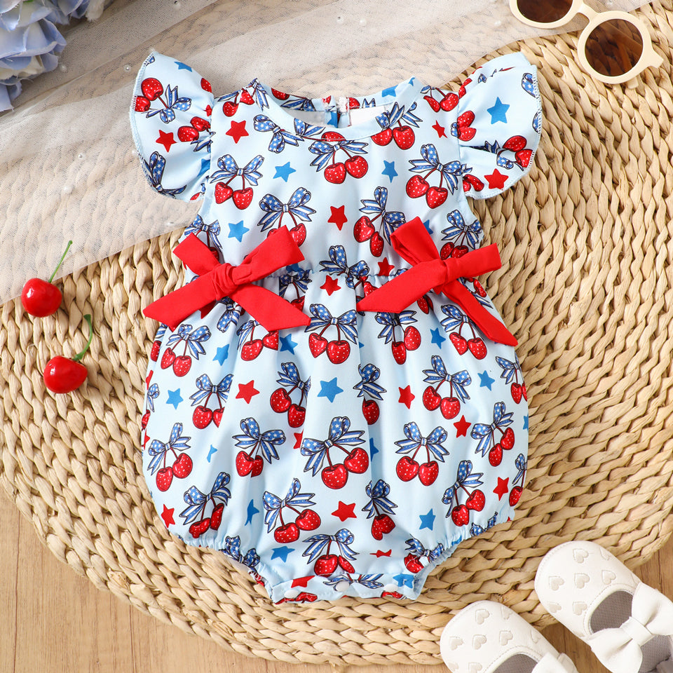Sweet Cherry & Star Print Flutter Sleeve Baby Girl Romper