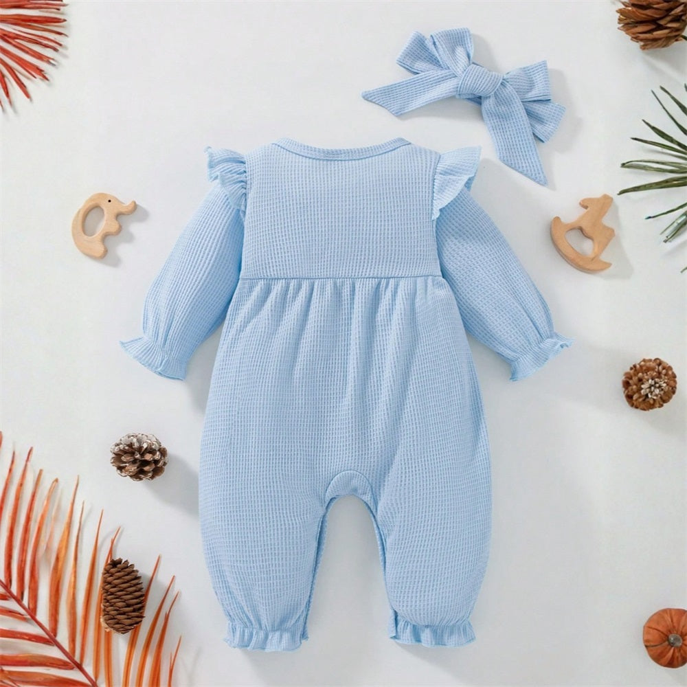 2PCS Comfy Solid Color Bow Long Sleeve Baby Jumpsuit