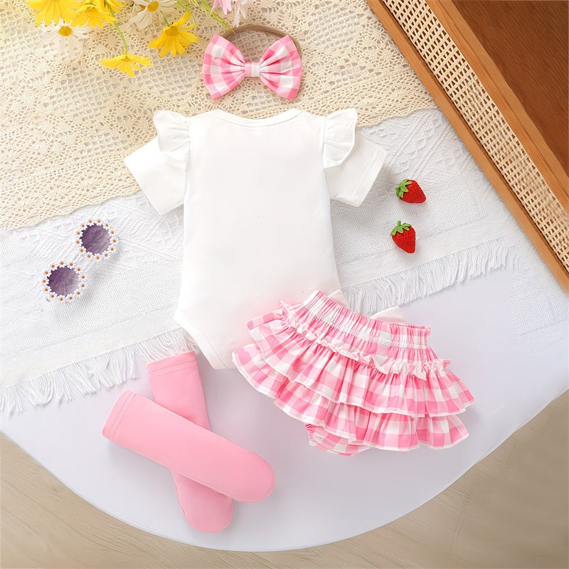 4PCS Sweet Strawberry Printed Plaid Short Sleeve Baby Set