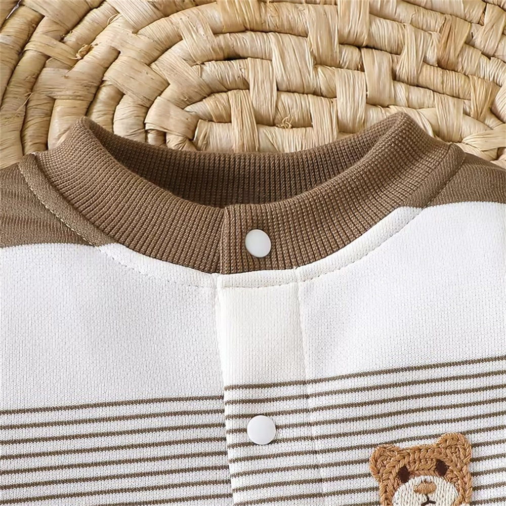 2PCS Timeless Bear Applique Stripe Printed Long Sleeve Baby Jumpsuit