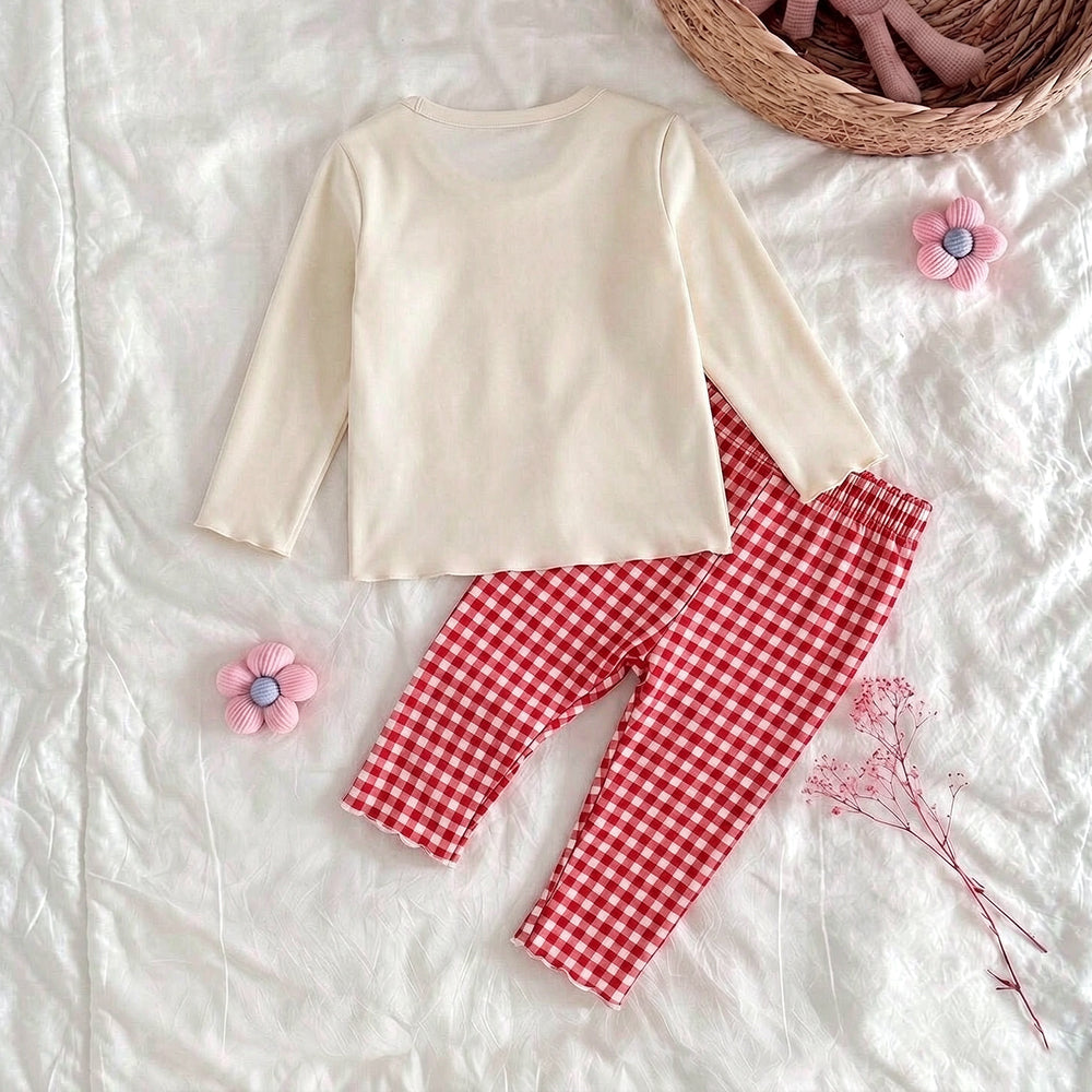 2PCS Lovely Bow Cherry and Plaid Print Long Sleeve Baby Girl Set