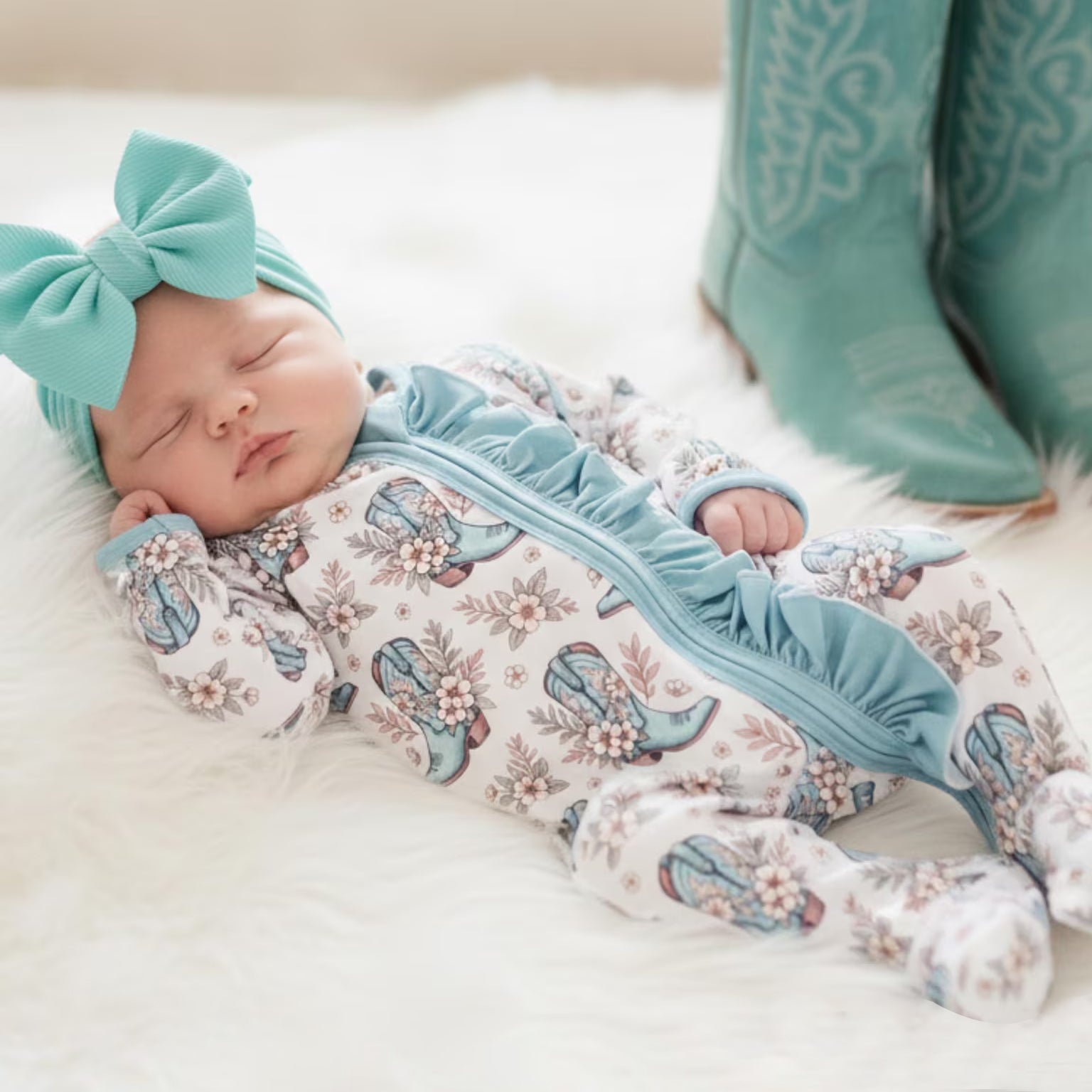 Western Floral Cowgirl Boots Print Zipper Long Sleeve Baby Jumpsuit