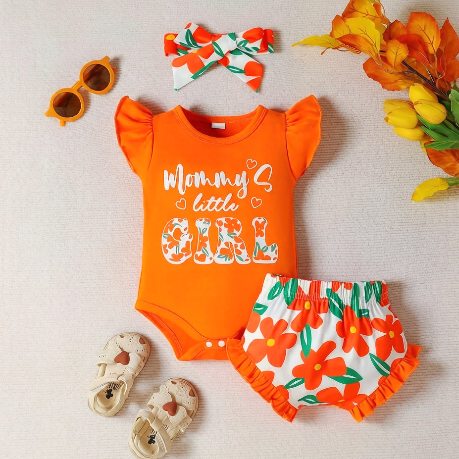 3PCS Mommy's Little Girl Letter Floral Print Flutter Sleeve Baby Set