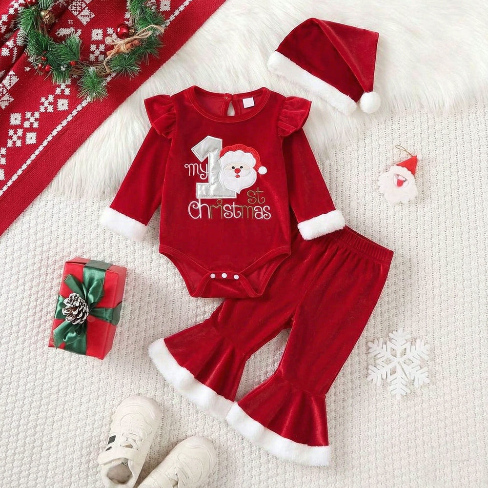 3PCS My 1st Christmas Letter Santa Embroidery Baby Girl Velvet Set