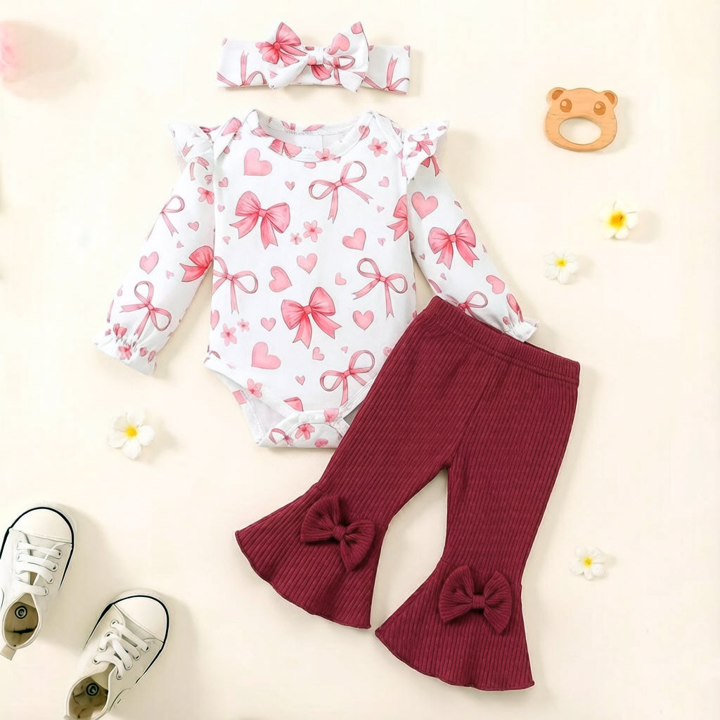 3PCS Pretty Bow and Heart Print Long Sleeve Baby Girl Set