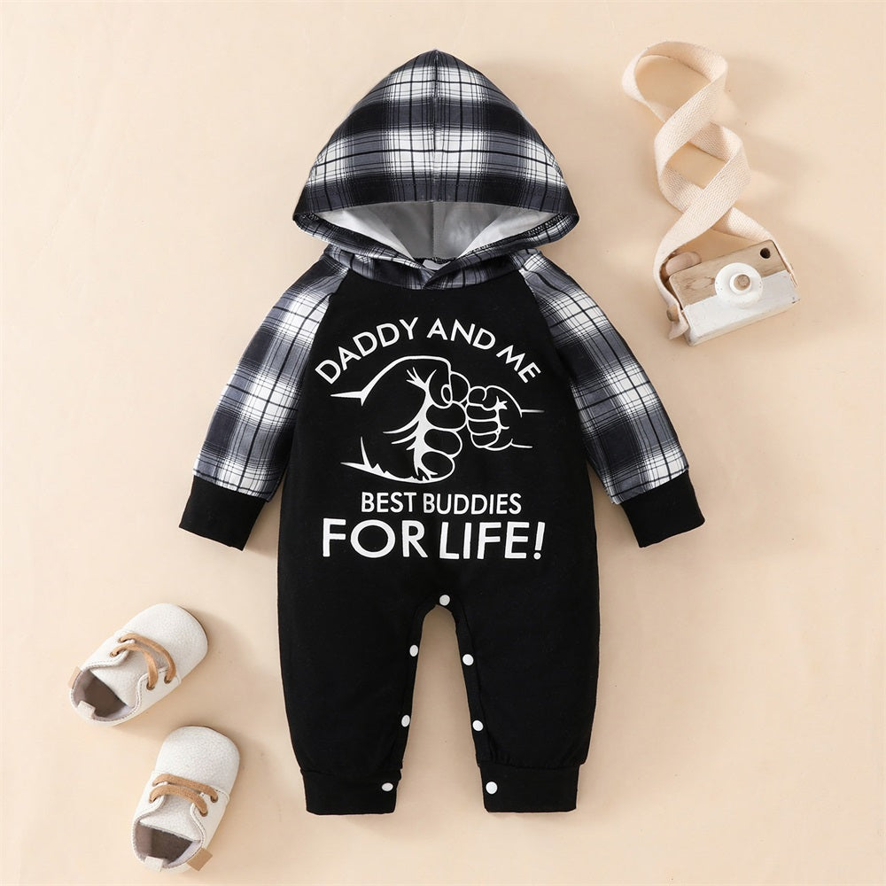 Daddy and Me Letter Print Plaid Baby Hooded Jumpsuit