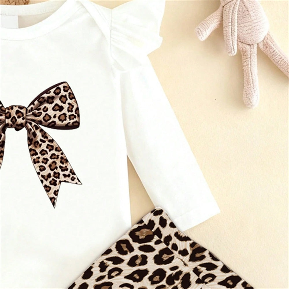 2PCS Stylish Leopard Bow Print Long Sleeve Baby Set