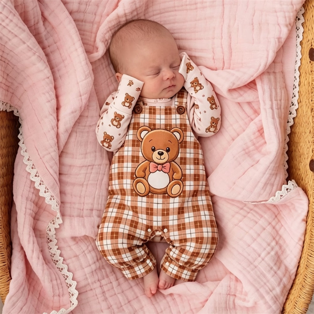 2PCS Adorable Bear Print Long Sleeve Baby Overalls Set