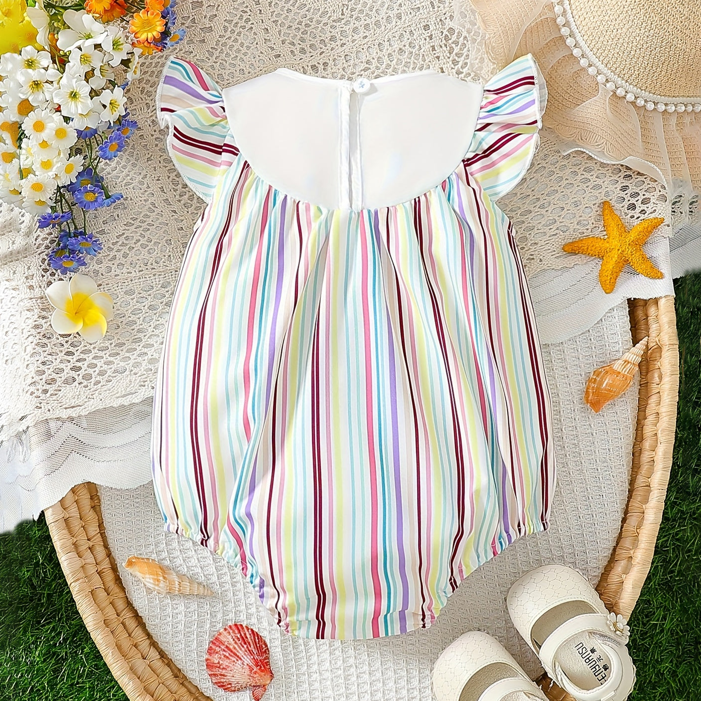 Sea Animals Embroidery Stripe Print Baby Romper