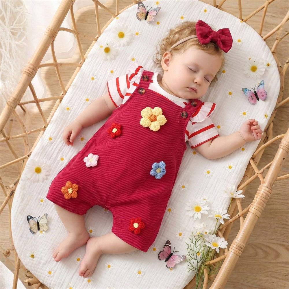 3PCS 3D Floral Embroidery Striped Short Sleeve Baby Overalls Set