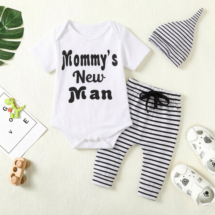 3PCS Mommy's New Man Letter Stripe Printed Baby Set