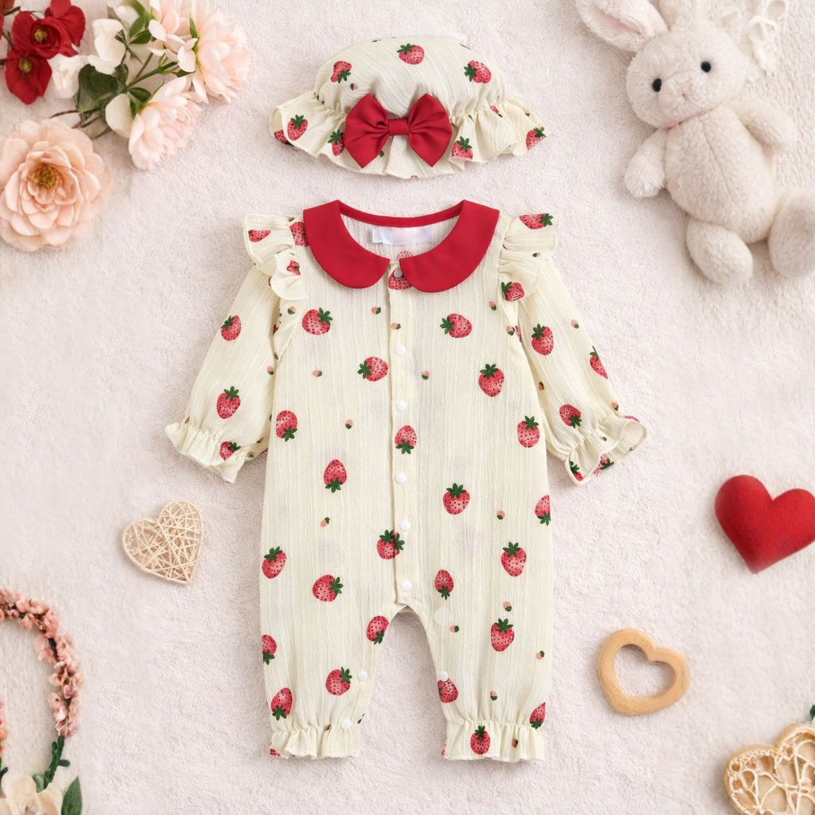 2PCS Pretty Strawberry Print Baby Jumpsuit