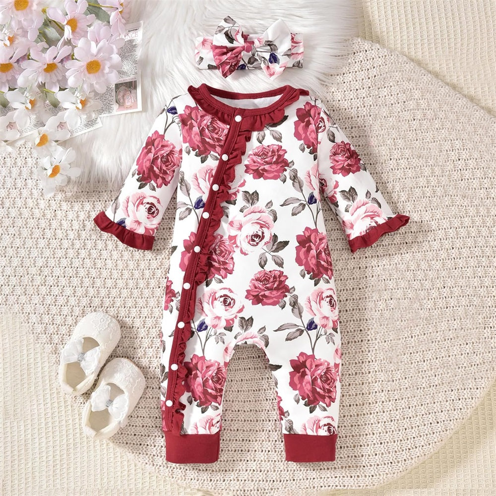 2PCS Trendy Floral Print Frill Long Sleeve Baby Jumpsuit