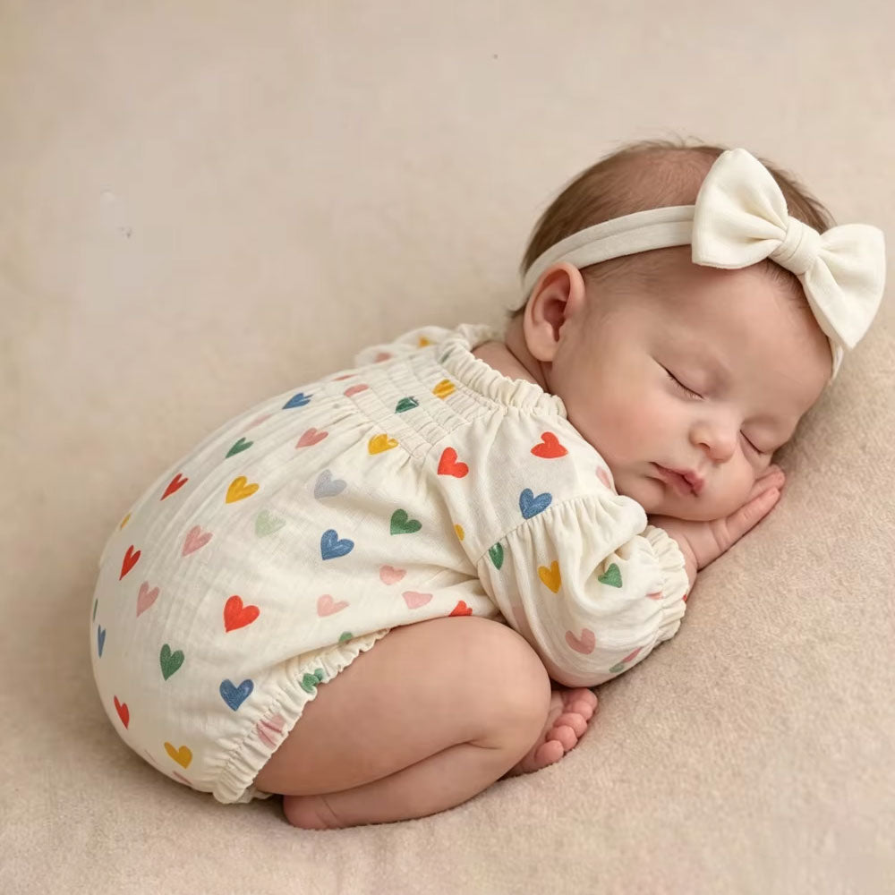 Lovely Heart Print Long Sleeve Baby Girl Bubble Romper
