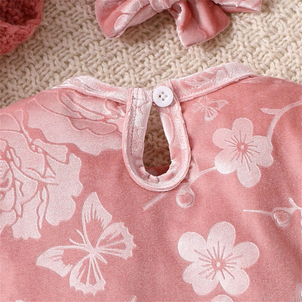 2PCS Floral Jacquard Long Sleeve Baby Jumpsuit