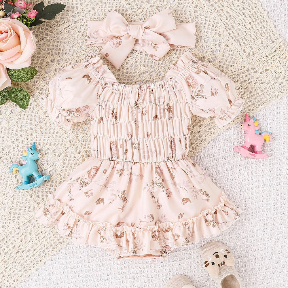 2PCS Gorgeous Floral Print Short Sleeve Baby Girl Romper