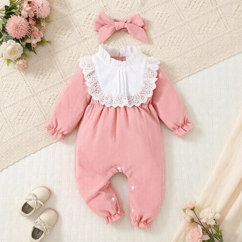 2PCS Pretty Color Blocking Lace Long Sleeve Baby Jumpsuit