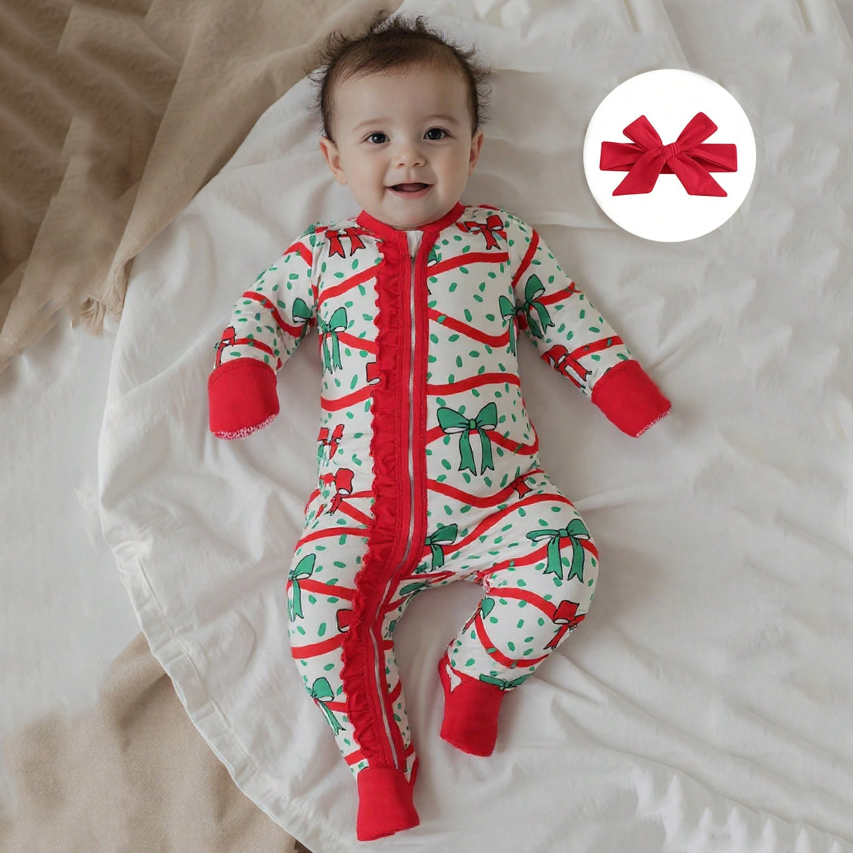 2PCS Christmas Bow Print Long Sleeve Baby Jumpsuit