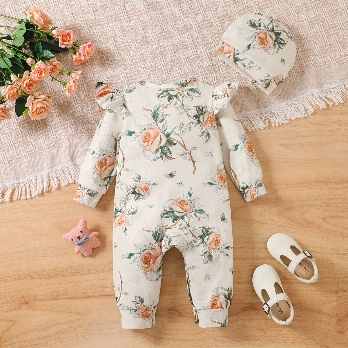 2PCS Vintage Floral Print Long Sleeve Baby Girl Jumpsuit