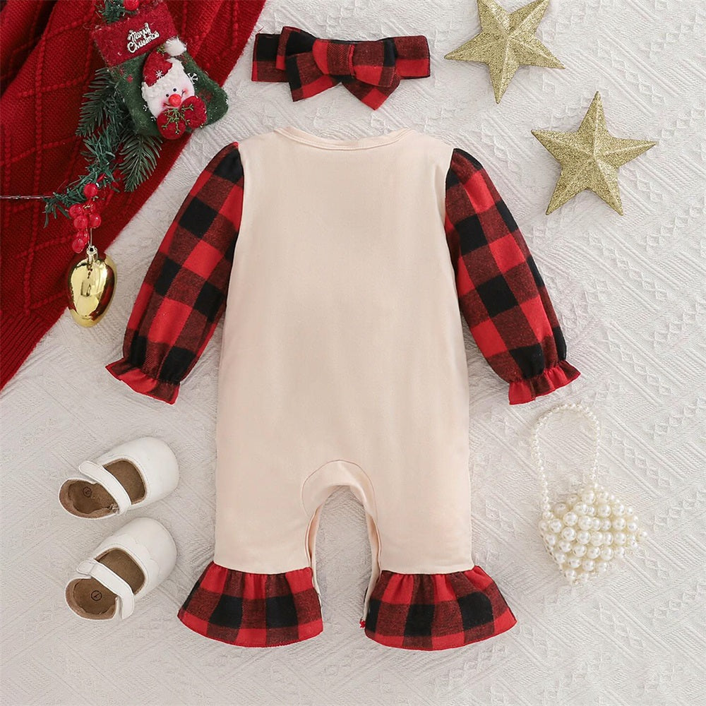 2PCS Merry Christmas Letter Plaid Print Long Sleeve Baby Jumpsuit