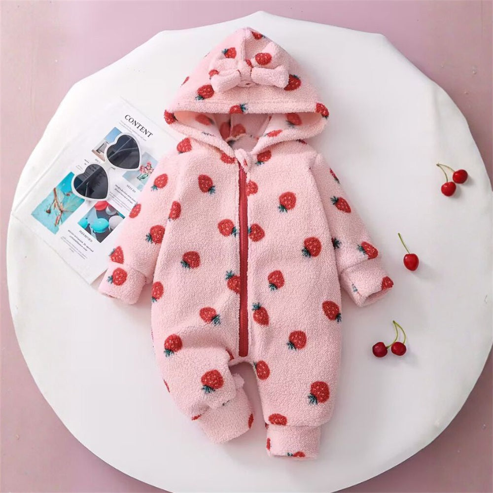 Sweet Strawberry Print Long Sleeve Plush Baby Jumpsuit